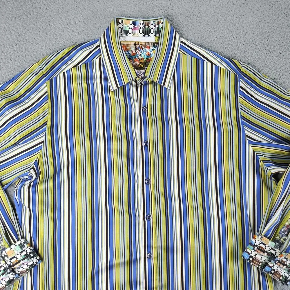 Robert Graham Shirt Mens XL Green Striped Classic Fit Flip Cuff Button Down